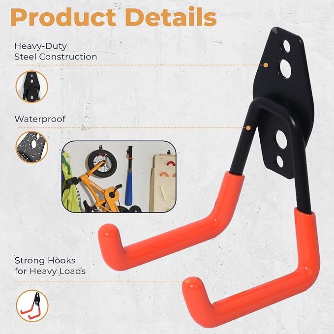 16 Pack Steel Heavy Duty Garage Hooks Storage Hooks with Anti-Slip Coating, Utility Garage Wall Mount Hanger and Organizer for Bikes, Ladder, Rope, Broom, Shovel and Garden Power Tools (16, Orange)