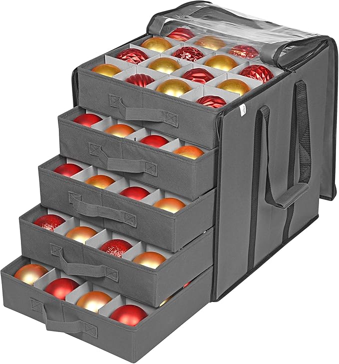 ProPik Christmas Ornament Storage Boxes with Dividers - 5 Separate Trays - Ornament Holder - Keeps 100 Holiday Ornaments - Durable Carrying Bag Handles Organizer Storage Box (Gray)