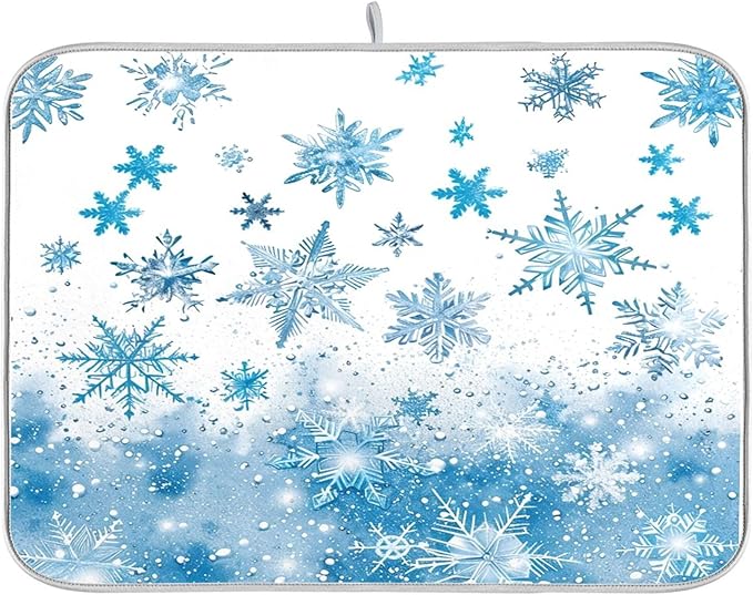 Winter Snowflake Blue Dish Drying Mat for Kitchen Countertop 18x24 Christmas Snowman White Xmas Large Drying Mat Reusable Quick Dry Dish Sink Mats Easy Clean Decorative Essentials