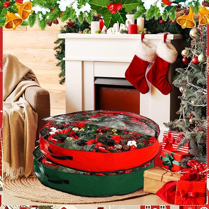 Aliceset 4 Pack Wreath Storage Containers, Christmas Ornament Garland Wreath Storage Bags with Handle Dual Zipper Large Decorative Storages Box for Winter Wreaths(36 x 36 x 7.8 Inch,Red, Green)