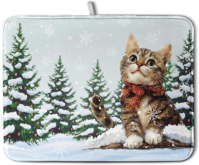 Winter Cat Dish Drying Mat for Kitchen Counter 18x24 Inch Cute Kitty Snow Pine Tree Dishes Drying Mats Large Microfiber Absorbent Dish Rack Pad Fast Dry Dish Mat for Coffee Bar Sinks Home Accessories