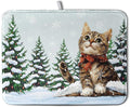 Winter Cat Dish Drying Mat for Kitchen Counter 18x24 Inch Cute Kitty Snow Pine Tree Dishes Drying Mats Large Microfiber Absorbent Dish Rack Pad Fast Dry Dish Mat for Coffee Bar Sinks Home Accessories
