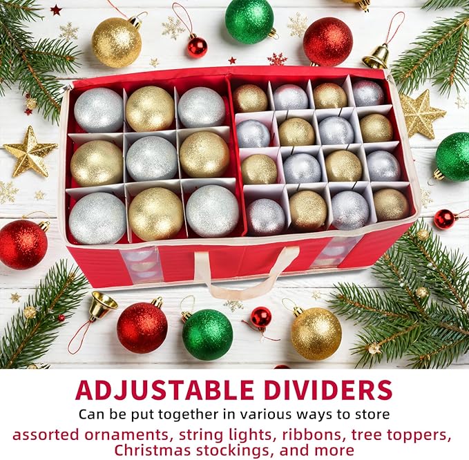 Large Christmas Ornament Storage Box With Adjustable Dividers,Ornament Storage Container with Two Handlesfor 128 Holiday Decorations,Red