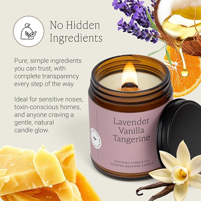 Fontana Candle Co Wood Wick Beeswax Jar Candles, Lavender Vanilla Tangerine - Made with Coconut Oil & Pure Essential Oils – Clean Burn, Long Lasting and Non-Toxic Candles for Home & Room Decor
