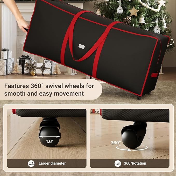 ELYKEN 7.5FT Christmas Tree Storage Bag with Wheels, Rolling Storage Bag for Artificial Christmas Tree and Decorations, Heavy Duty 600D Oxford Fabric, Length-Adjustable Handles, Dual Zippers, Black