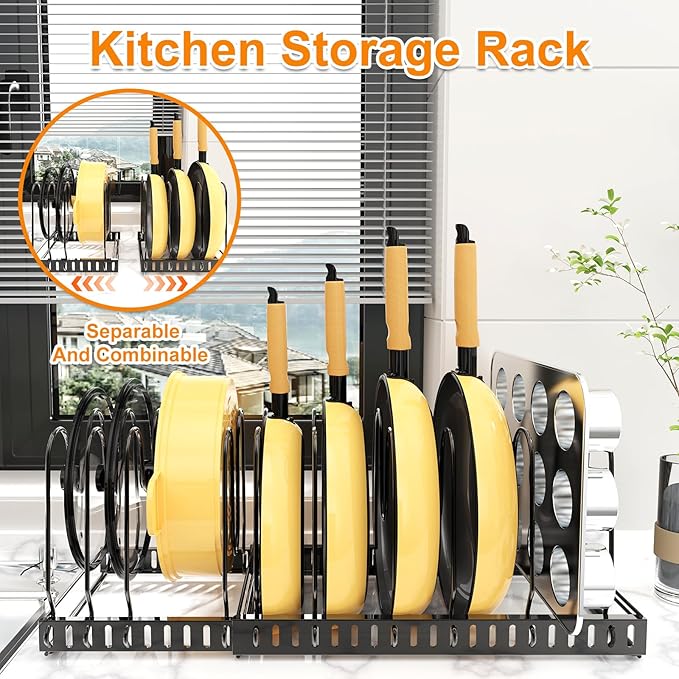 Besda Pot and Pan Organizer Rack for Cabinet, Expandable Pot Lid Organizer Holder with 12 Adjustable Compartment for Kitchen Cutting Board, Pan Lid, Cabinet Cookware Baking