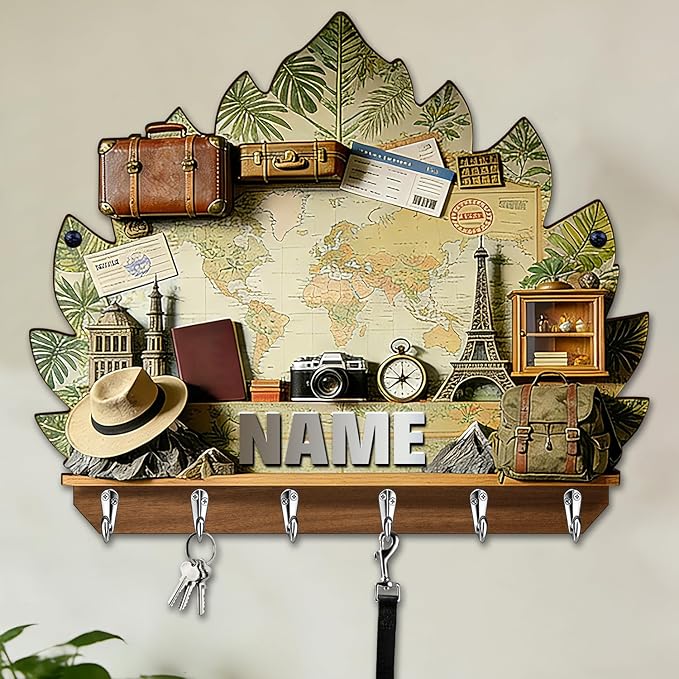 Personalized 2D Flat Print World Travel Themed Mounted Hooks for Men Women Family Friends Lovers Custom Name World Map Key Storage Holder Travel Coat Rack Home Decor Gift for Living Room Hallway