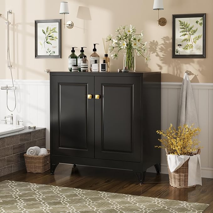 Metal Coffee Bar Cabinet,Kitchen Storage Cabinet,Black Buffet Cabinet with Storage and Adjustable Shelf,Sideboard Buffet Cabinets for Dining Room