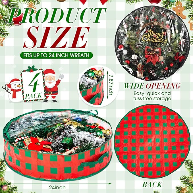 Aliceset 4 Pack Wreath Storage Containers, Christmas Ornament Garland Wreath Storage Bags with Handle Dual Zipper Large Decorative Storages Box for Winter Wreaths(24 x 24 x 7.8 Inch,Red Green Plaid)