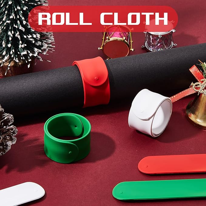 Charniol 12 Pieces Wrapping Paper Roll Holder Holiday Flip Wrap Silicone Covered Metal Strips 1'' x 9'' Stabilizer Slap Band for Christmas Poster Gift Paper Vinyl Storage Organize, White Red Green