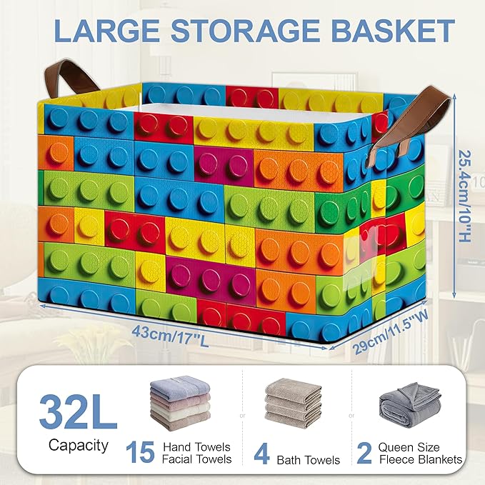 Colorful Building Blocks Collapsible Storage Box,Organizer Bin with Handles for Room Decoration,Bins Book Basket Box 17x11.5x10Inch