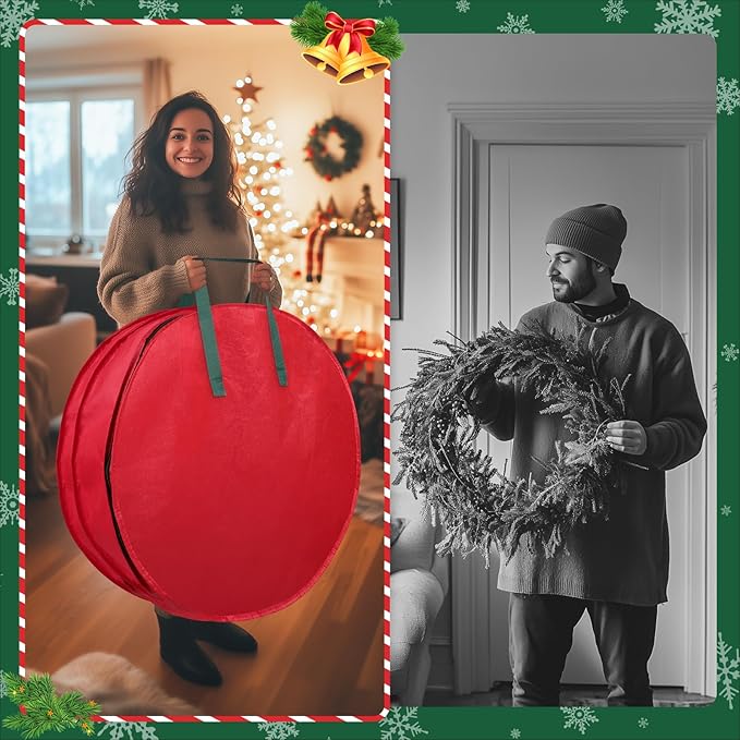 Wreath Storage Container， 2 Park Stacking Christmas Wreath Storage Bags with Dual Zipper and Handles, Dust, Pest Protection,Holiday Wreaths Storage Holder 36” (RED)