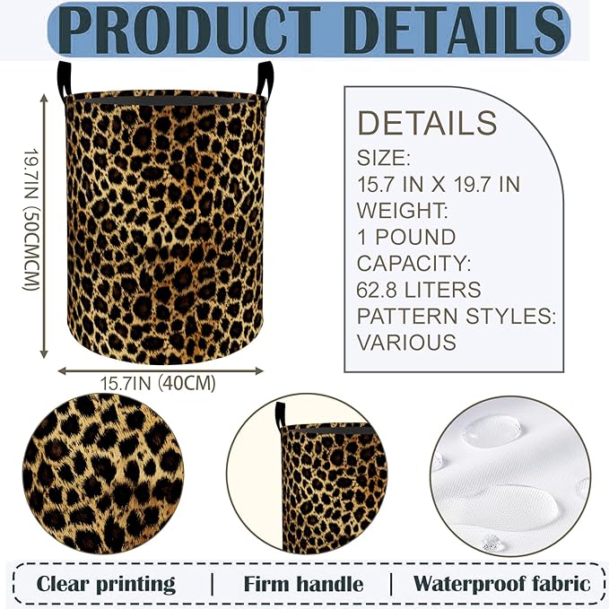 Leopard Print Laundry Basket Hamper 19.7"x15.8", Animal Foldable Waterproof Oxford Clothes Storage Bucket for Room Bathroom Bedroom Nursery Decor, Toy Organizer Bins Gifts for Kids Boys Girls