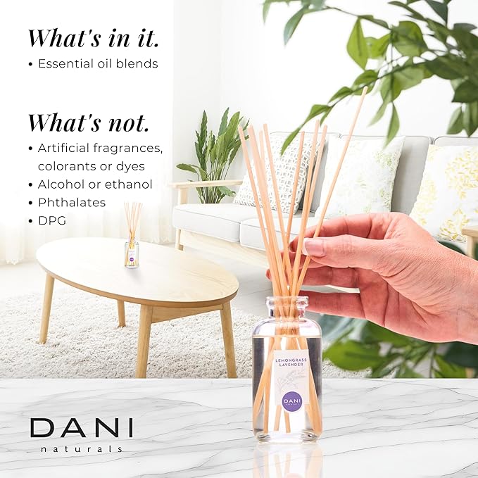 DANI Naturals Reed Diffuser Set - Calming Lavender Lemongrass Scent - Aromatherapy Essential Oils - Alcohol-Free, Non-Toxic - 10 Sticks - 3.5 oz