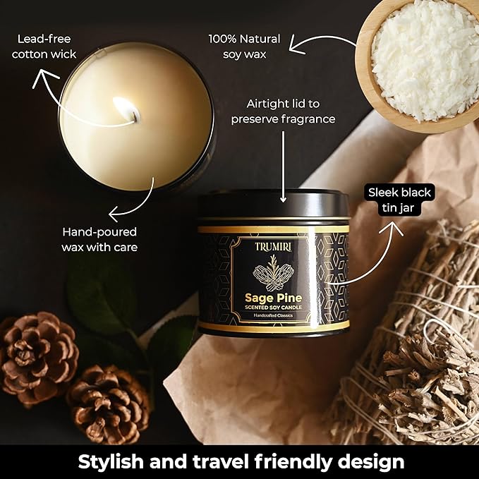 Sage & Pine Candle Strong Scented Soy Candel Natural Non Toxic Velas Aromáticas for Cleansing Gift for Fall Christmas Holidays Pack of 1 5Oz Decorartive Travel Tin