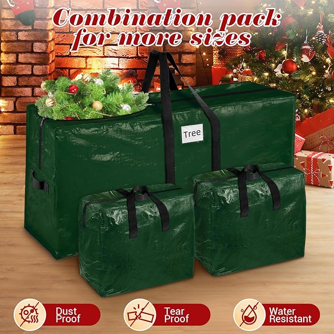 Christmas Tree Storage Bag 7.5 Ft With 2 Large Tinsel Garland Bags, Waterproof Material, Reinforced Handles & Dual Zipper, Green