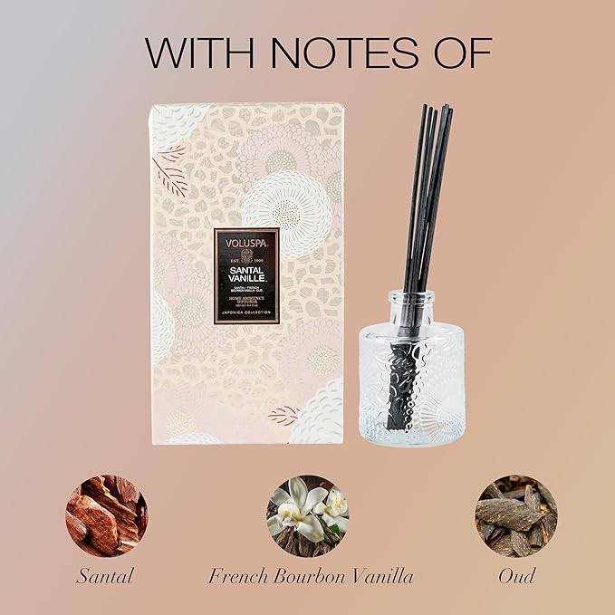 Voluspa Santal Vanille Scented Reed Diffuser, 3.4 oz, Luxury Santal Diffuser, Oil Reed Diffusers for Home, Handcrafted in The USA