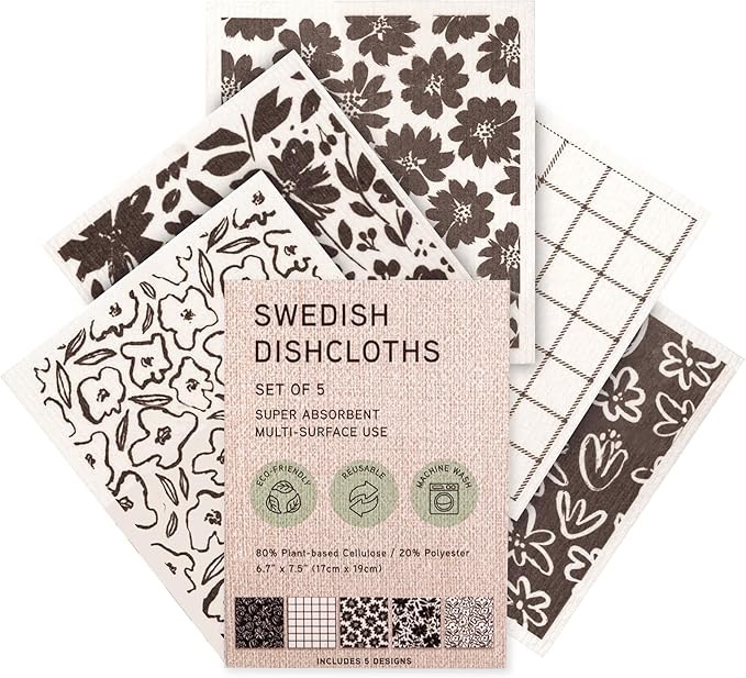 MosJos Swedish Dishcloths, Vintage Plant-Based Cellulose, 6.7x7.5 Inch, Super Absorbent, Multi-Surface, Machine Washable, Reusable, 5 Pack (Brown White)