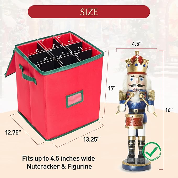 Christmas Nutcracker and Figurine Collectible Storage Box Containers Holiday Decor Organizer, Stores Up to 16 inch Tall Nutcrackers, Carolers, Santa Figure, Nut Cracker Ornaments, 17x13.25x12.75