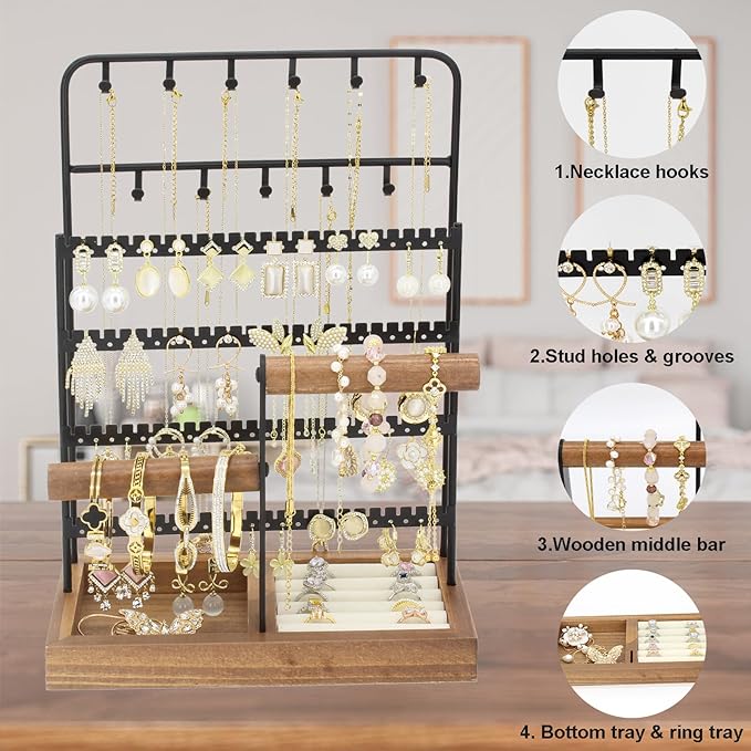 JONKASIPA Jewelry Holder Organizer Stand 4-Tier Necklace Stand Earring Holder with Wooden Tray, Jewelry Rack for Bracelets Watches and Rings Display Stand, Gifts for Women & Girls-Black