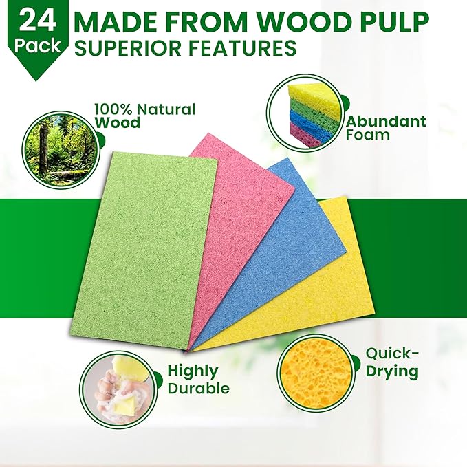MMG Prime Cellulose Sponges – 24-Pack Multicolored Compressed Natural for Kitchen – Plant-Based, Biodegradable, Non-Scratch, Quick-Dry, Super-Absorbent for Dishes & Surfaces