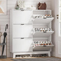 Shoe Cabinet Storage for Entryway with 6 Flip Drawers, Fluted Narrow Shoe Organizer with Wooden Legs, Freestanding Slim Shoe Storage Hidden Shoe Rack Organizer for Front Door Entrance, White