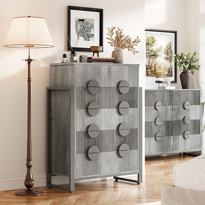 Fluted Dresser for Bedroom with 6 Drawers, 44.5" Tall Chest of Drawers with Raised H Legs and Curved Profile Design, Wood Closet Clothes Storage Organizer for Bedroom, Hallway, Grey