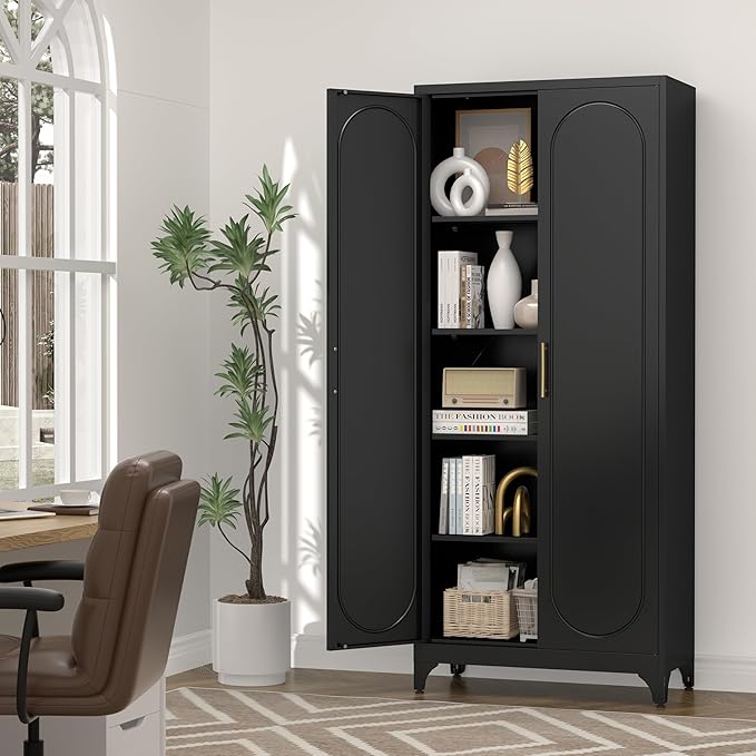 75" Tall Pantry Storage Cabinet, Tall Kitchen Pantry Storage Cabinet with Doors and 4 Adjustable Shelves, Freestanding Cupboard for Kitchen, Dining Room, Living Room, Bathroom, Black