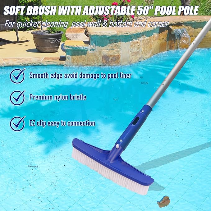 Poolvio Swimming Pool Cleaning Kit, 14'' Brush Head & 50'' Telescopic Aluminum Pole with Fine Mesh Skimmer Net - Perfect for Above Ground Pools, Spas, Hot Tub Fountains Blue (PK0140)