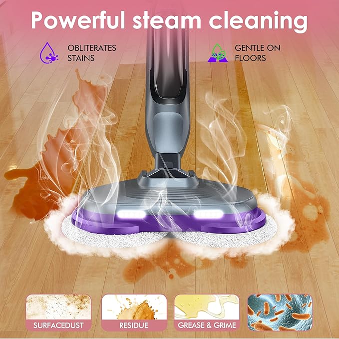 BOJUK Scrub and Steam Mop with LED Headlights, All-in-One Hard Floor Cleaner Rotating Mop, 6 Cleaning Pads, Swivel Steering, Cable Holder & XL Water Tank