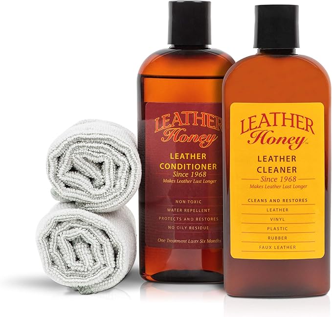 Leather Honey Leather Conditioner & Cleaning Kit for use on Leather Apparel, Furniture, Auto Interiors, Shoes, Bags and Accessories. Conditioner, Cleaner and 2 Lint-Free Cloths.