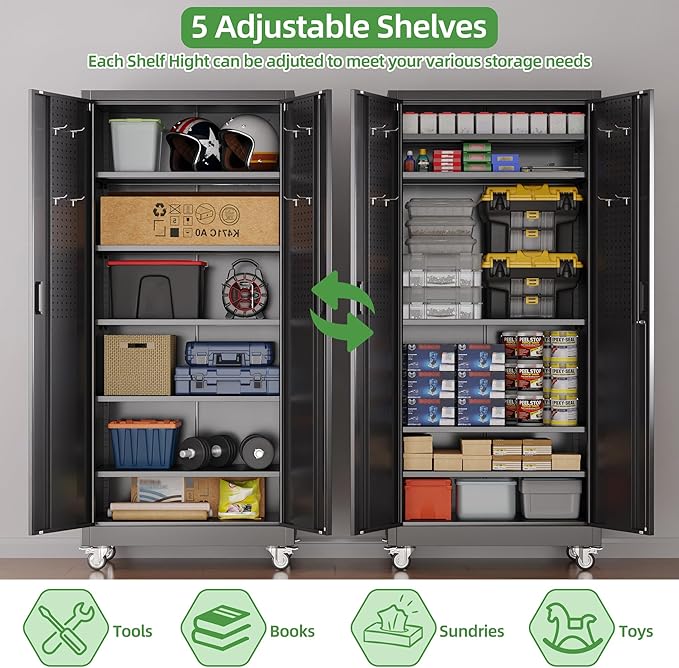 71" H Garage Storage Cabinet with Wheels and Pegboard,Lockable Metal Storage Cabinet with 5 Adjustable Shelves and Door for Garage, Office, Home, Assembly Required，Black