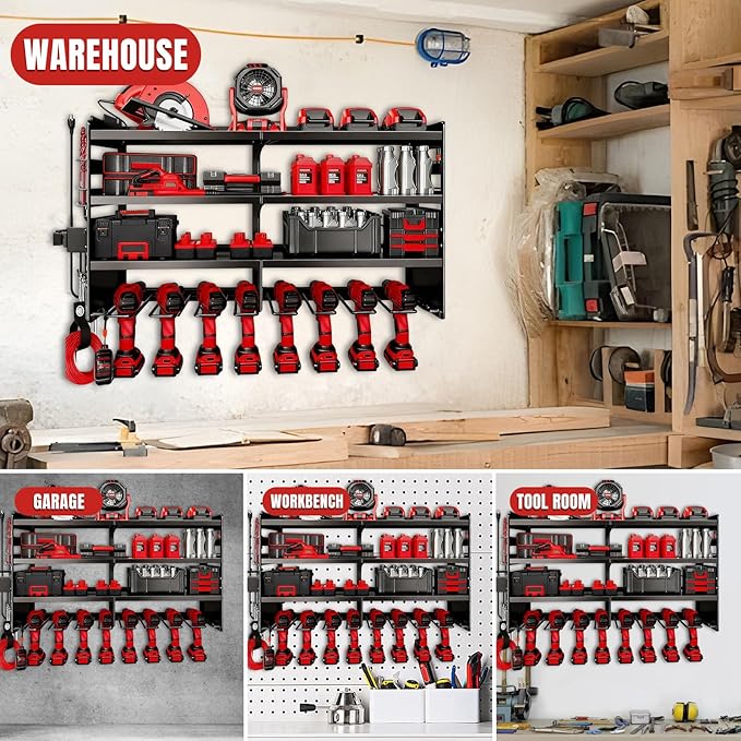 33" W Power Tool Organizer with Charging Station, 4 Layers Heavy Duty Metal Tool Storage Rack Wall Mount 8 Cordless Drill Holder with 4 Power Strip, Battery Organizer for Garage, Workbench,Tool Room