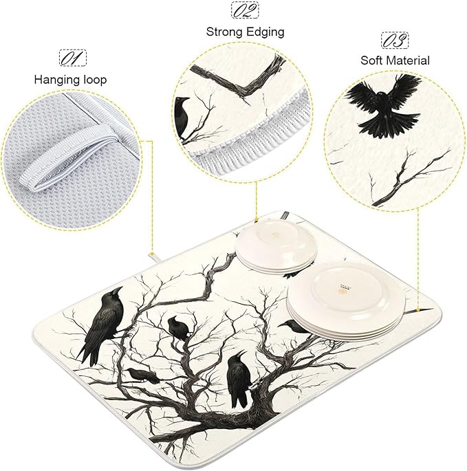 Halloween Raven Dish Drying Mat for Kitchen Countertop 16x18 Black Bat Spooky Small Drying Mat Reusable Quick Dry Dish Sink Mats Easy Clean Decorative Essentials