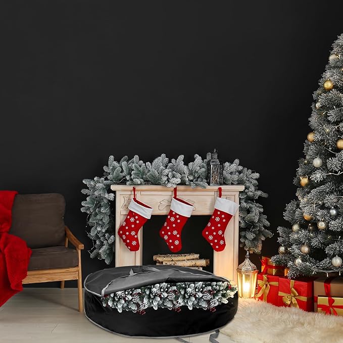 1 Pc 60" Christmas Wreath Storage Bag Zippered Garland Holiday Container with Reinforced Handle Tear Resistant 600d Oxford Organizer Wreath Holder with Card (Black)