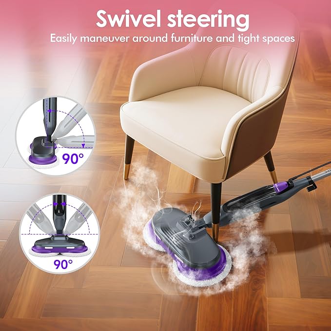 BOJUK Scrub and Steam Mop with LED Headlights, All-in-One Hard Floor Cleaner Rotating Mop, 6 Cleaning Pads, Swivel Steering, Cable Holder & XL Water Tank