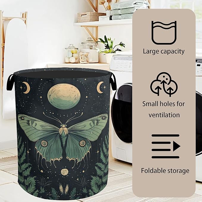Gothic Moon Moth Foldable Laundry Hamper - Waterproof Fabric Storage Basket with Handles, Clothes Hampers for Laundry,Bedroom,Dorm