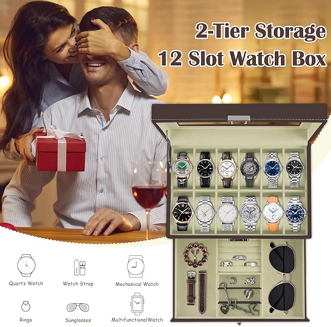 Ogrmar 12 Slot PU Leather Lockable Watch Storage Boxes, Men & Women Jewelry Display Drawer Case, 2-tier Organizer Watch Showcase with Glass Lid (Brown)