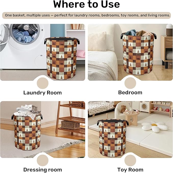 Forest Cabin Bear Laundry Basket with Handles - Extra Large Foldable Hamper for Bathroom/Laundry/Bedroom/Dorm, Washable Fabric Storage Bin