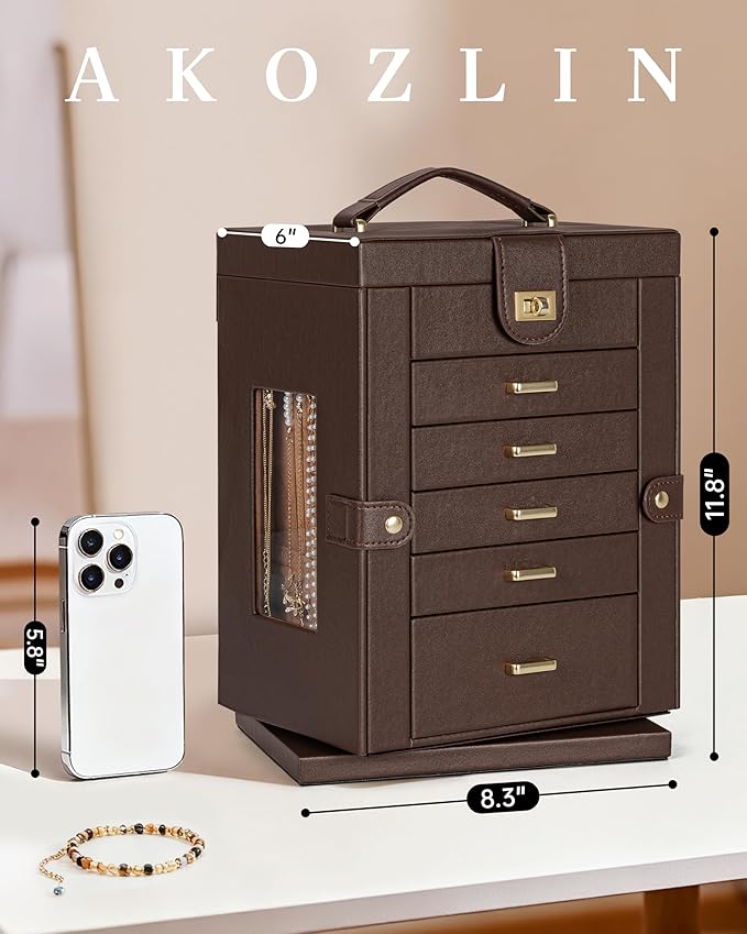 AKOZLIN 360° Rotating Jewelry Box 6-Tier Organizer Functional 360° Rotating Jewelry Storage Case for Women Girls Ring Necklace Earring Bracelet Holder with Mirror Brown