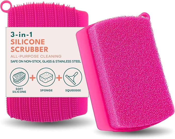 Flickly 3-in-1 Car Wash Sponge with Silicone Scrubber & Squeegee – All-in-One, Non-Scratch, Quick-Dry, Built to Last (Pink)