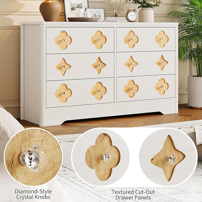 Garvee Dresser for Bedroom with 6 Drawers, 47.2'' Wide Chest of Large Decorative Drawer Front with Large Clothes Storage Cabinet, Wood Bedroom Dresser, TV Stand for Nursery, Living Room, White
