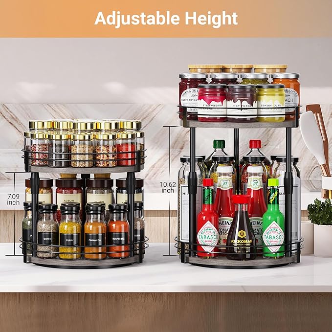 Across-Star Lazy-Susan-Organizer-Spice-Rack, 2-Tier Rotating Spice Organizer For Kitchen-Cabinet-Countertop-Pantry, Turntable Seasoning Holder Storage Shelf With Adjustable Height