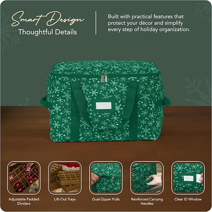 Covermates Keepsakes Adjustable Ornament Storage Bag – Heavy-Duty Polyester, Padded Dividers & FlexGrid Trays – Protective Holiday Ornament Organizer with Handles & Label Window, Green Snowflake