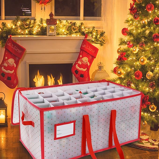 Christmas Ornament Storage Box -Up to 128 Holiday Ornaments with Adjustable Dividers Capacity Storage Container for Christmas Decorations Toys Gift Wrap Organizer（PVC）