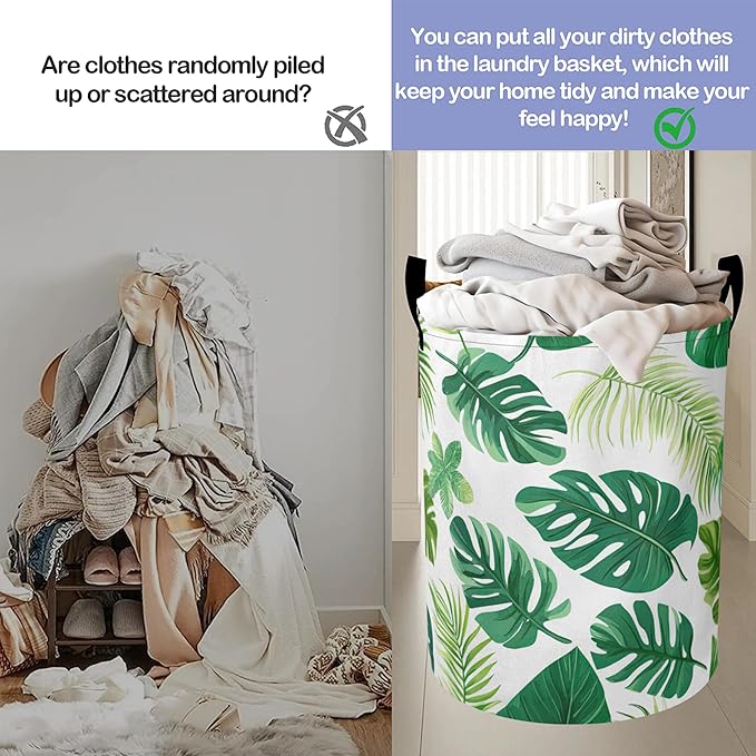 Tropical Palm Leaves Laundry Hamper Large Canvas Fabric Lightweight Storage Basket/Dirty Clothes Collapsible Waterproof for College Dorms, Boys and Girls Bedroom,Bathroom