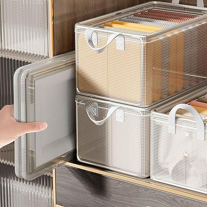 4PCS Closet Clothes Organizer Dustproof Sturdy Storage Baskets Bins 26L Foldable Shelf Containers Bin Support Boards Dust Lid Steel Frame for Sweater Pants T-shirt Dress (Clear - No Lid)