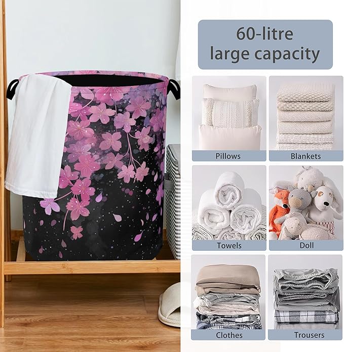 Cherry Blossoms Laundry Basket,Foldable with Handles Tote Bag Oxford Cloth for Bathroom Bedroom Dirty Clothes Storage Bucket 16" x 20.8"