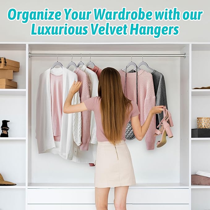 Sishynio Premium Velvet Shirt Hangers 50 Pack, Space-Saving Non-Slip Felt Hanger with 360° Swivel Hook, Slim Flocked Hangers for Strappy Dresses, Blouses, Tank Tops(Grey)