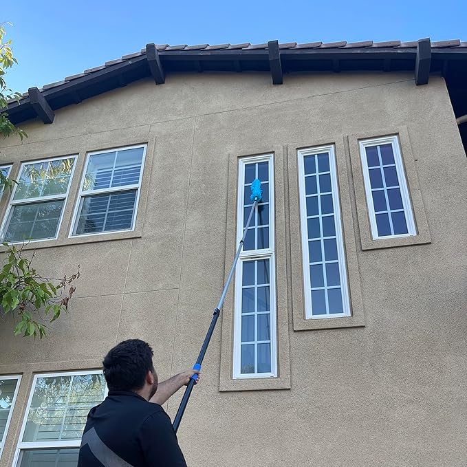 Hicavar 20 Foot High Ceiling Fan Duster with 5-12 Foot Extension Pole, Extendable Reusable Cobweb, Feather, Window Cleaning Squeegee Kit Blue